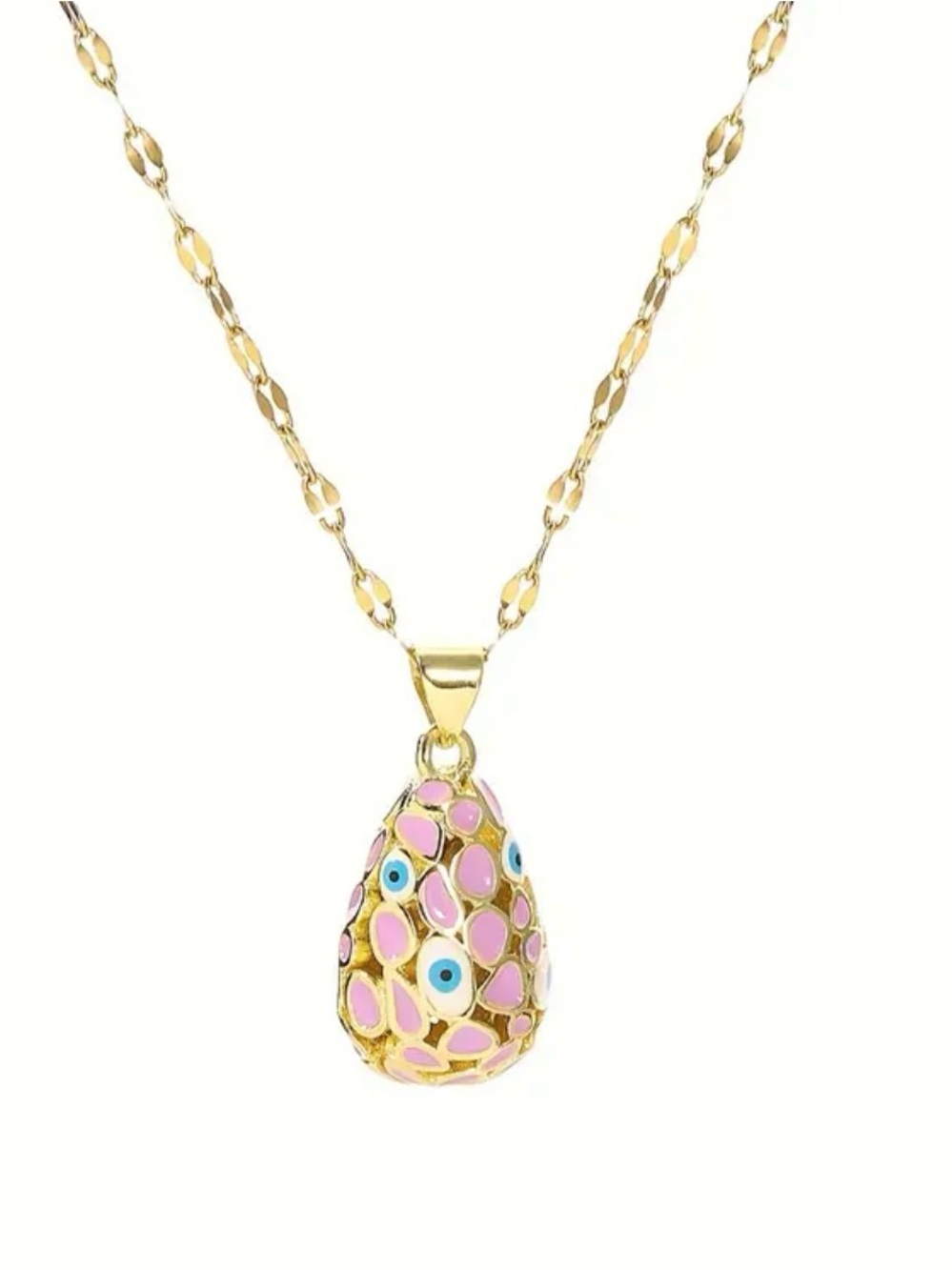 18k Gold Plated Chain Necklace with Pink Evil Eye Enamel Teardrop Pendant